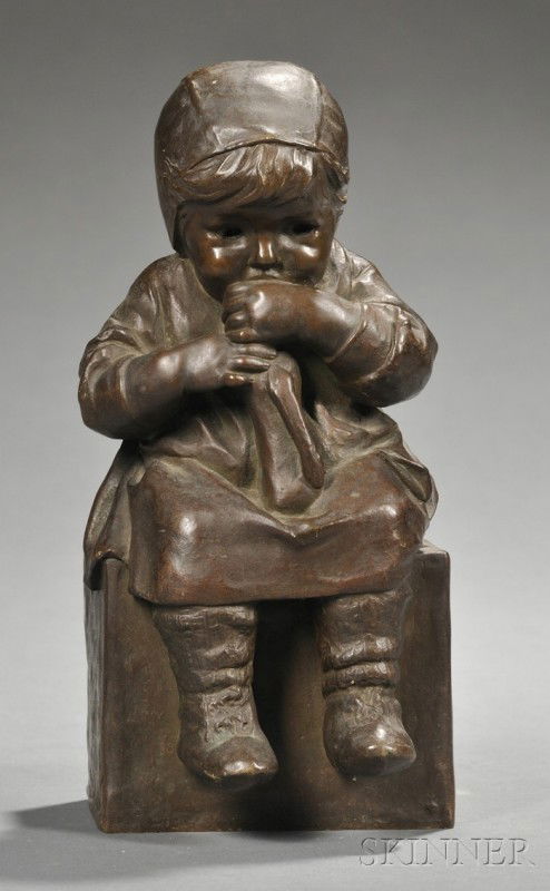 F.P. de Tavera (Spanish, 1859-1932) Bronze Figure o: F.P. de Tavera (Spanish, 1859-1932) Bronze Figure of a Little Girl Seated, dark brown patina, inscribed artist signature, ht. 8 3/4 in.