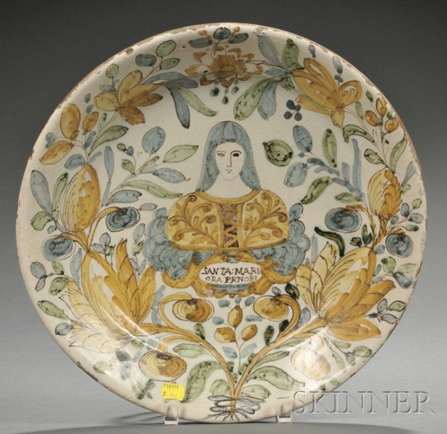 Faience Portrait Charger, Continental, 19th century: Faience Portrait Charger, Continental, 19th century, polychrome painted with floral and foliate framed depiction inscribed Santa:Maria Ora Prnobi, dia. 14 1/8 in.