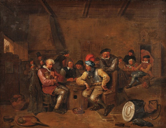 Dutch School, 19th Century Interior of an Inn Unsig: Dutch School, 19th Century Interior of an Inn Unsigned, bears presentation plaque. Oil on canvas, 25 3/8 x 33 in. (64.5 x 83.9 cm), framed. Condition: Lined, scalloping, retouch, craquelure.