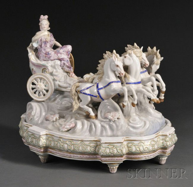 KPM Porcelain Figural Group and Stand, Germany, 19: KPM Porcelain Figural Group and Stand, Germany, 19th century, polychrome enameled and with gilt trim, modeled as an allegorical figure of Apollo supporting a shield with a Medusa head and riding a cha