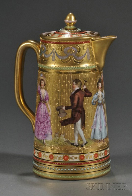 Dresden Porcelain Hot Water Pot and Cover, Germany: Dresden Porcelain Hot Water Pot and Cover, Germany, late 19th century, heavily gilded group with polychrome enameled figures of elegantly dressed Victorian men and women, ht. 9 3/8 in.