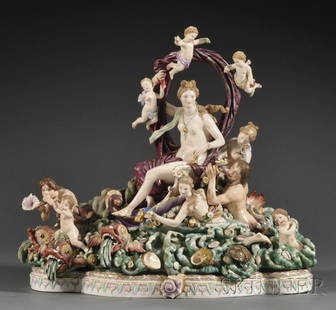 Meissen Porcelain Triumph of Venus on Stand, Germa: Meissen Porcelain Triumph of Venus on Stand, Germany, 19th century, polychrome enameled and gilded, the central partially nude figure surrounded by cherubs and attended by mermaids and a merman, ht. 1