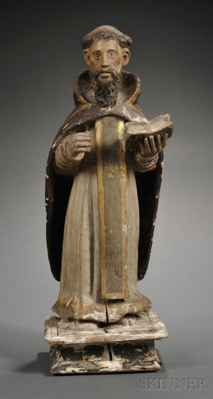 Carved, Polychromed and Gilt Highlighted Wood Stat: Carved, Polychromed and Gilt Highlighted Wood Statue of Santo Domingo, Spain, 15th/16th century, the figure wearing a cape and white robe and holding a book, on a square base, ht. 29 in.