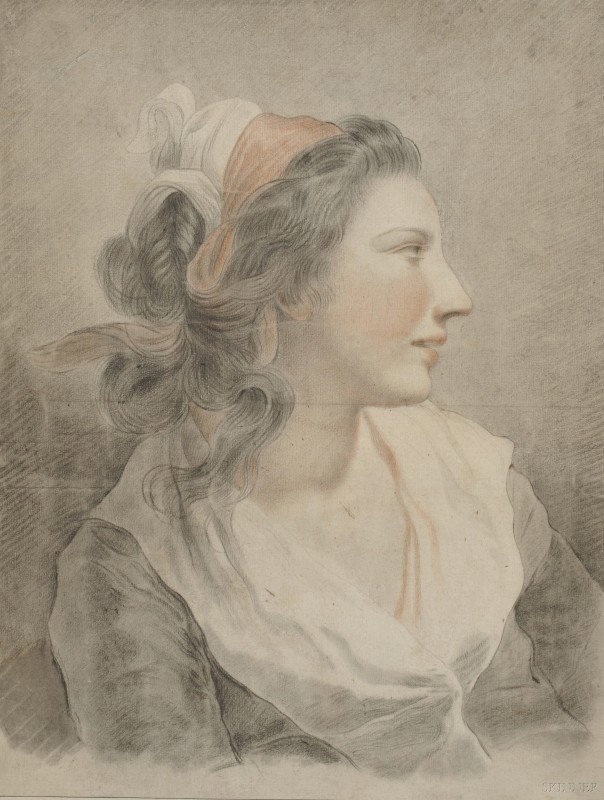 School of Fran?ois Andr? Vincent (French, 1746-181: School of Fran?ois Andr? Vincent (French, 1746-1816) Portrait Head of a Woman in Profile Unsigned, inscribed "V. Cartel/ F.A. Vincent" on the reverse u.l. Mixed media with charcoal and sanguine on pap