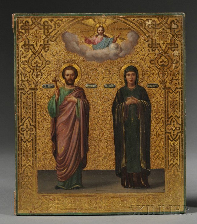 Russian Icon Depicting Two Patron Saints, late 19t: Russian Icon Depicting Two Patron Saints, late 19th century, Saint Alexander on the left and a nun saint at right, with Christ above, on gilt ground, 12 1/3 x 10 3/8 in.