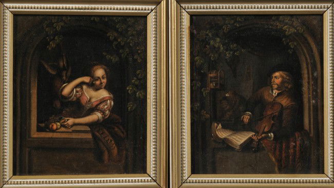German School, 19th Century Pair of Portraits: Man: German School, 19th Century Pair of Portraits: Man Playing Violin and Woman with Trinket Box Unsigned, Woman with a label from Ben Kabatznick, Brookline, Massachusetts,