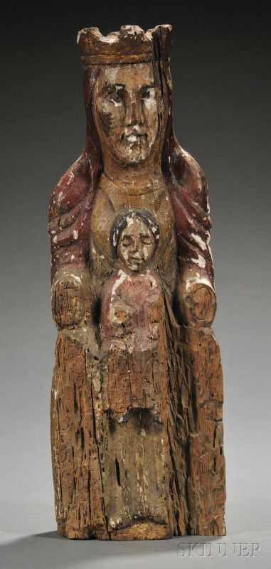 Polychrome and Giltwood Madonna and Child, Contine: Polychrome and Giltwood Madonna and Child, Continental, the seated Virgin wearing a crown and red robe, with the Christ Child on her lap, ht. 17 in.