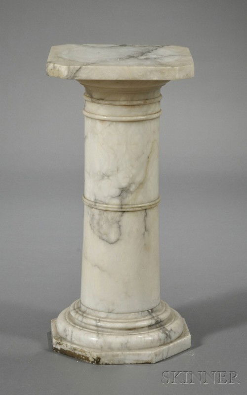 Alabaster Pedestal, Italy, 19th/20th century, octa: Alabaster Pedestal, Italy, 19th/20th century, octagonal plateau mounted atop a circular column set on a stepped base to an octagonal foot, ht. 28 in.