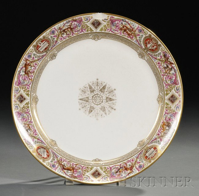 Sevres Chateau de Fontainebleau Serving Dish, Fran: Sevres Chateau de Fontainebleau Serving Dish, France, c. 1846, with polychrome enameled border of arabesque foliage intertwined with animals between diamond-shaped medallions bearing the monogram for 