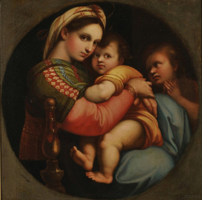 After Raphael (Italian, 1483-1520) Copy of the Mad: After Raphael (Italian, 1483-1520) Copy of the Madonna della Sedia Unsigned. Oil on canvas, 15 3/4 x 15 3/4 in. (40.0 x 40.0 cm), framed. Condition: Lined, scattered retouch, craquelure. N.B. Thi