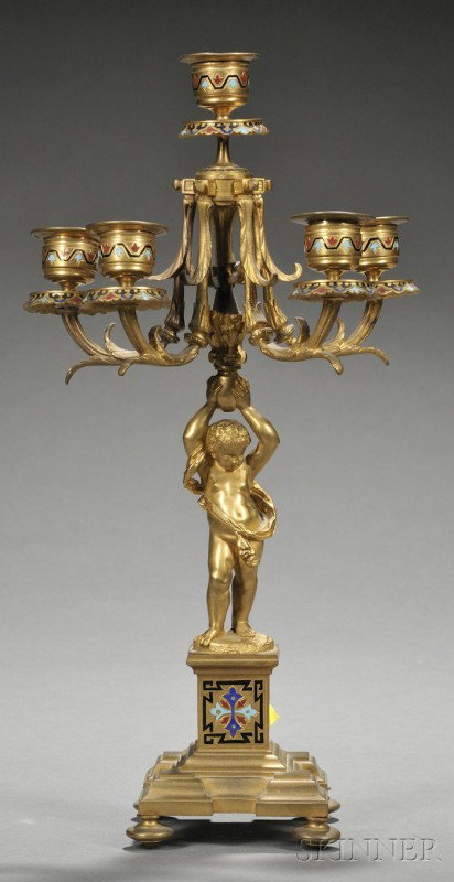 Gilt-bronze and Enamel-decorated Figural Five-ligh: Gilt-bronze and Enamel-decorated Figural Five-light Candelabra, France, 19th century, the scrolled arms supported atop a cherub standing on a raised plinth with stepped base, ht. 14 3/4 in.