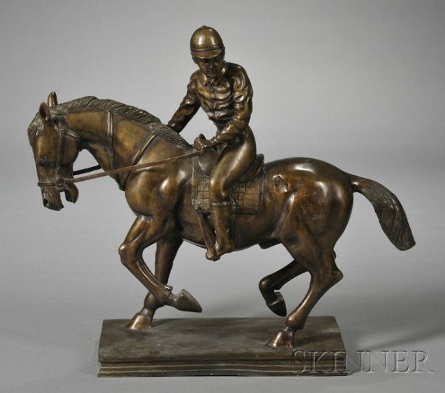 Bronze Model of a Jockey on Horseback, mid-20th ce: Bronze Model of a Jockey on Horseback, mid-20th century, after Isidore-Jules Bonheur (1827-1901), unsigned, ht. 25 1/2, lg. 27 in.