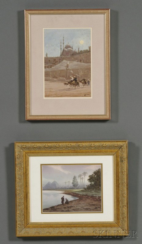 Continental School, 20th Century Lot of Two Orient: Continental School, 20th Century Lot of Two Orientalist Scenes: Giza and Possibly Istanbul. Both initialed "W." l.r. Watercolor on paper/board, sight sizes to 11 x 7 1/2 in. (28.0 x 19.0 cm), framed. 