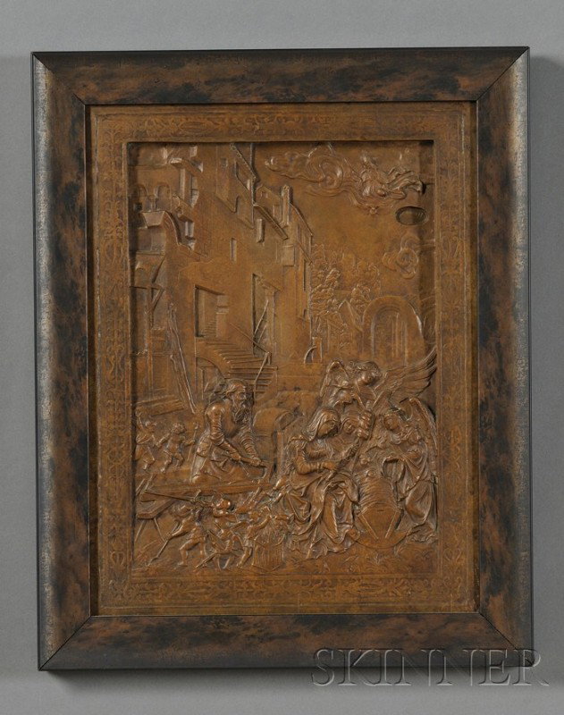 French Bronze Relief Plaque After Durer, mid-late : French Bronze Relief Plaque After Durer, mid-late 19th century, rectangular, depicting a scene of a woman spinning yarn beside a cradle, attended by a host of angels and cherubs within a village setti
