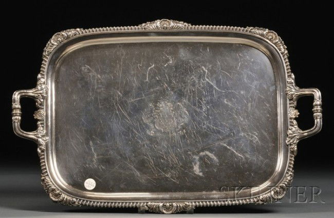 English Sheffield Plate Tea Tray, makers likely J.: English Sheffield Plate Tea Tray, makers likely J. Watson & Son, c. 1830, rectangular with rounded corners, with heavy gadroon and shell rim and acanthus handles, engraved to center with a mottoed coa