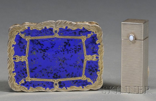 Italian .800 Silver and Enamel Compact and an Asso: Italian .800 Silver and Enamel Compact and an Associated Silver Lipstick Case, 20th century, compact with black speckled and cobalt blue enamel on cover, borders and base with etched designs of scroll