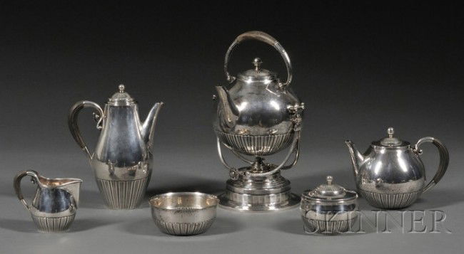 Georg Jensen Sterling Six Piece "Cosmos" Pattern T: Georg Jensen Sterling Six Piece "Cosmos" Pattern Tea and Coffee Service, 1915-32, pattern 45 designed by Johan Rohde, comprising teapot, coffeepot, kettle on stand with burner, creamer, covered sugar,