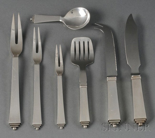 Seven Georg Jensen Sterling "Pyramid" Pattern Serv: Seven Georg Jensen Sterling "Pyramid" Pattern Serving Pieces, post 1945, comprising an hors d'oeuvres server (lg. 6), a master butter knife (lg. 7 3/4), and a cheese knife (lg. 7 1/8), all with stainl