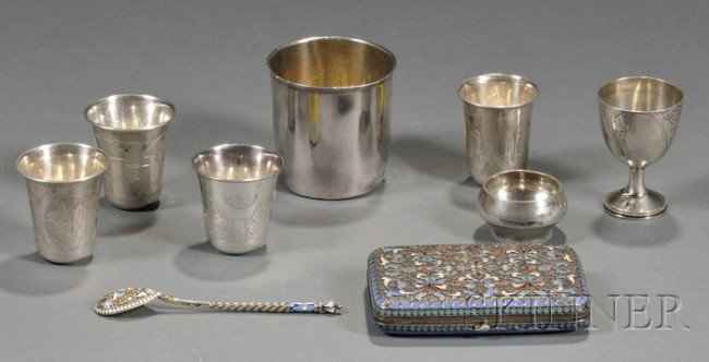 Nine Russian Silver Articles, 19th century, a cloi: Nine Russian Silver Articles, 19th century, a cloisonne enamel cigarette case, lg. 4, five small assorted kiddush cups, an 1837 beaker, ht. 2 1/2 in., a cloisonne enamel teaspoon, and a small open sal