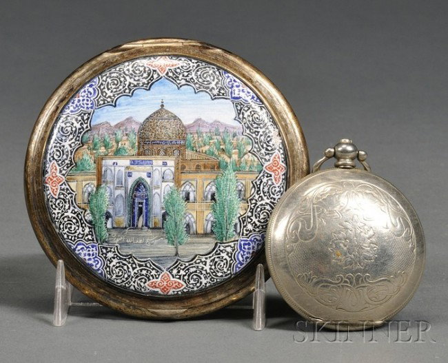 Two Middle Eastern Articles, 20th century, a round: Two Middle Eastern Articles, 20th century, a round silver compact with lid enameled with view of a mosque, interior of lid with mirror, dia. 3 3/8, and an 18th century-style pocket watch made for the 