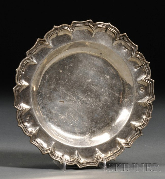 Mexican Silver Plate, 1733-1778, Diego Gonzales de: Mexican Silver Plate, 1733-1778, Diego Gonzales de la Cueva, Chief Assayer, maker's mark partially obscured, with reeded double-ogee rim, monogrammed to underside of rim, dia. 9 in., approx. 15 troy o