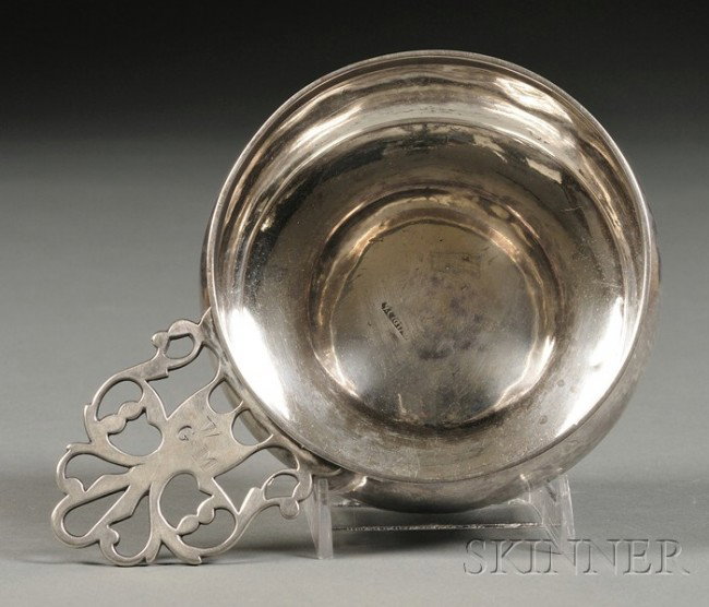 Colonial Coin Silver Porringer, Newport, c. 1740, : Colonial Coin Silver Porringer, Newport, c. 1740, Jonathan Clarke, maker, of typical form, with single openwork handle, monogrammed GMW, base engraved Mary Wanton, lg. 7 1/2 in., approx. 9 troy oz. Pr