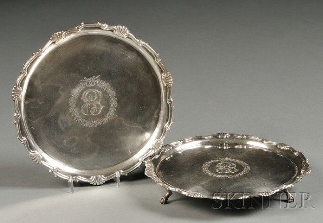 Pair of Federal Coin Silver Waiters, Philadelphia,: Pair of Federal Coin Silver Waiters, Philadelphia, c. 1805, James Howell, maker, round, rim applied with scrolls and shells, raised on three claw-and-ball feet, engraved to center with monogram within
