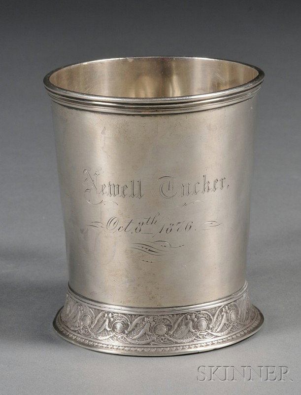 Whiting Sterling Mug, c. 1876, slightly tapered cy: Whiting Sterling Mug, c. 1876, slightly tapered cylindrical form with reeded upper rim, and flaring base rim die-rolled with acanthus and patera scrolls, ear handle, with presentation inscription date