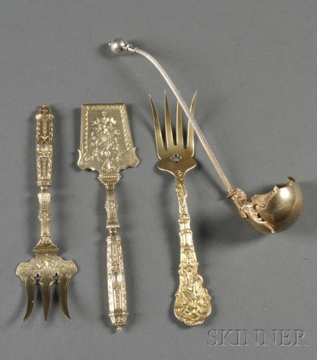 Four Goldwashed Sterling Flatware Servers, mid-lat: Four Goldwashed Sterling Flatware Servers, mid-late 19th century, a George B. Sharp cream ladle with beaded stem, spherical terminal, the bowl applied with a Renaissance Revival grotesque, lg. 7 3/4, 
