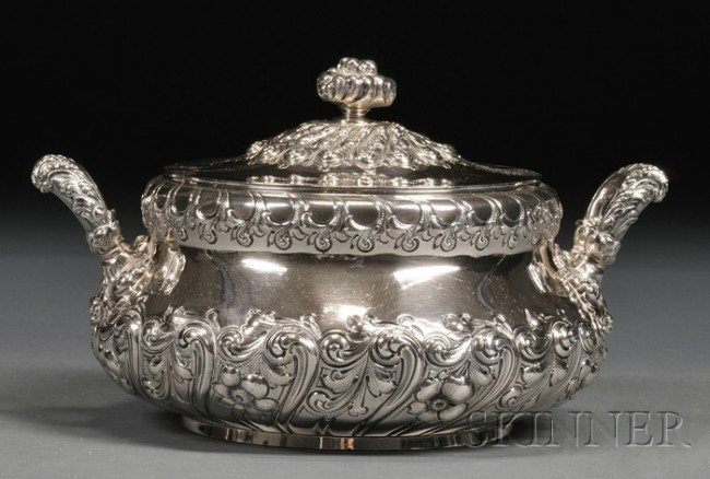 Theodore B. Starr Sterling Covered Serving Dish, l: Theodore B. Starr Sterling Covered Serving Dish, late 19th century, flaring ovoid, with slightly domed lid with scrolled finial, chased and embossed with rocaille scrolls and flowerheads, with pair of