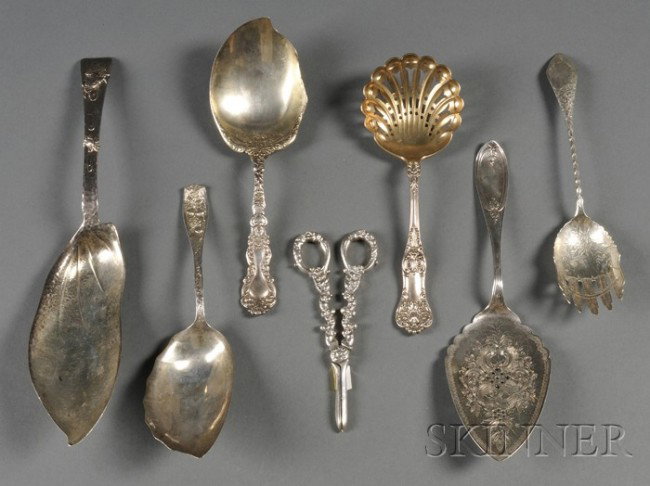 Seven American Silver Flatware Servers, comprising: Seven American Silver Flatware Servers, comprising a Dominick & Haff "New King" berry spoon, Towle "Pomona" ice cream slice, a Gorham "Imperial Chrysanthemum" ice cream slice, an N. Harding coin silve