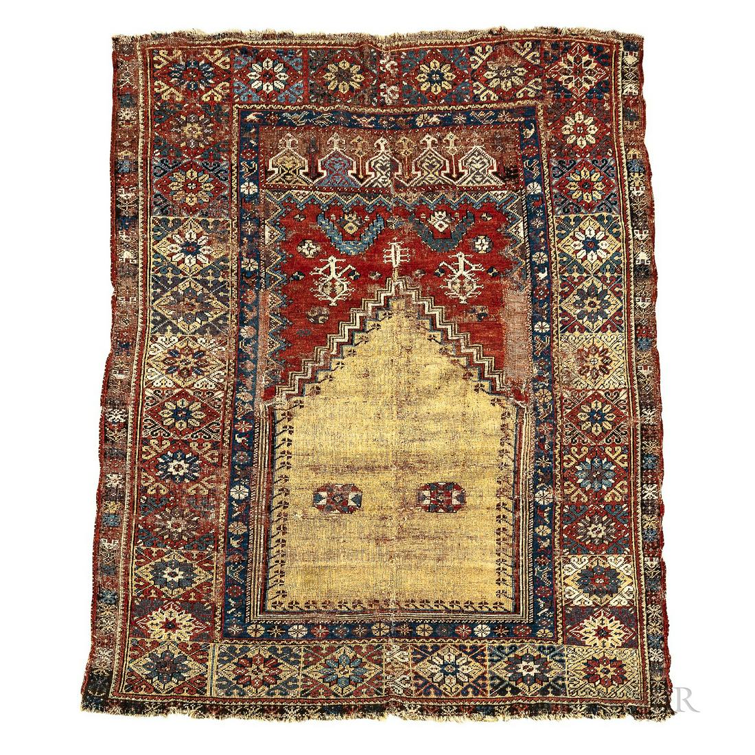 Mudjar Prayer Rug, Anatolia, c. 1820, spacious empty gold field with two solitary octogans floating (1 of 3)