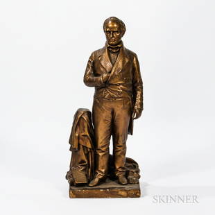 Gold-painted/Gilded Plaster Statue of Daniel Webster, Thomas Ball, Boston, Massachusetts, late 19th: Gold-painted/Gilded Plaster Statue of Daniel Webster, Thomas Ball, Boston, Massachusetts, late 19th century, Webster standing with one hand in his vest, with drapery behind, the back marked "T Ball Sc