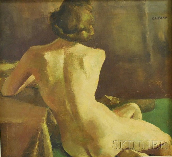Attributed to William Henry Clapp (American, 1879-1: Attributed to William Henry Clapp (American, 1879-1954) Seated Nude. Signed "CLAPP" u.r., signed and dated "W.H. Clapp/Dec 10/'31" on the reverse. Oil on canvas, 23 x 25 in., framed. Condition: Minor 