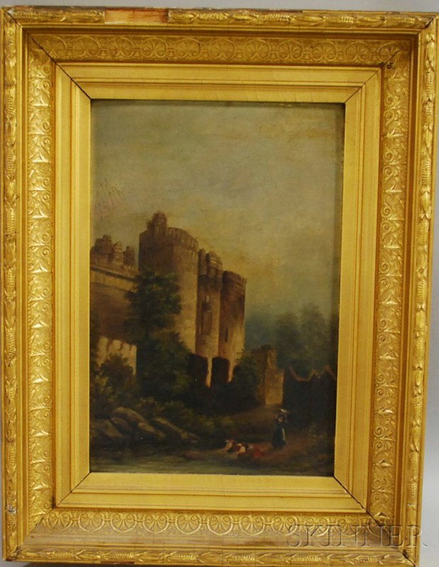 Continental School, 19th Century Laundresses at a R: Continental School, 19th Century Laundresses at a River by a Castle. Unsigned, with a label from T.W. Norman & Co., Boston, on the frame backing. Oil on academy board, 13 3/16 x 9 1/16 in., framed. Co