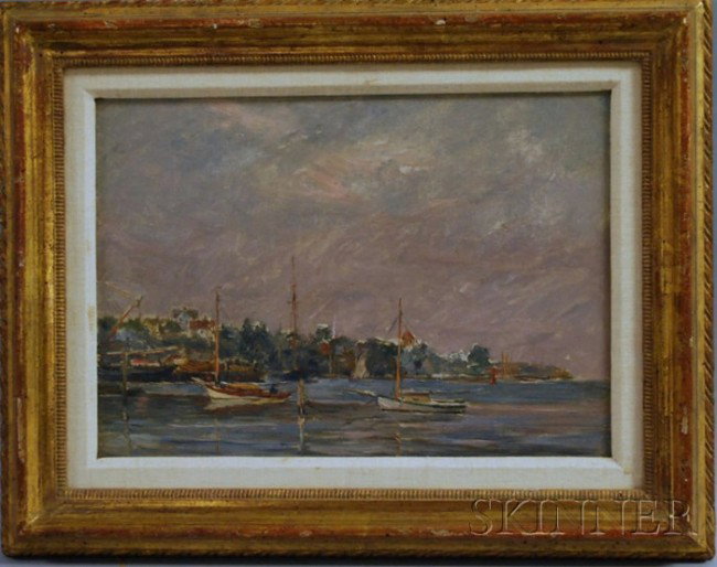 Attributed to Reynolds Beal (American, 1866-1951),: Attributed to Reynolds Beal (American, 1866-1951) "Eric the Red," Capt. Green's Boat, Noank, Conn. Unsigned, identified on a partial label affixed to the back of the frame. Oil on canvas, 10 x