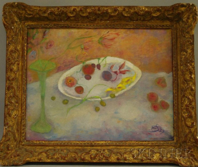 Eden Vale Stevens (American 20th Century) Still Li: Eden Vale Stevens (American 20th Century) Still Life, 1969. Initialed and dated "ES '69" l.r. with a Brooklyn Museum accession label on the reverse. Oil on canvas, 18 x 23 in., framed. Condition: Craq