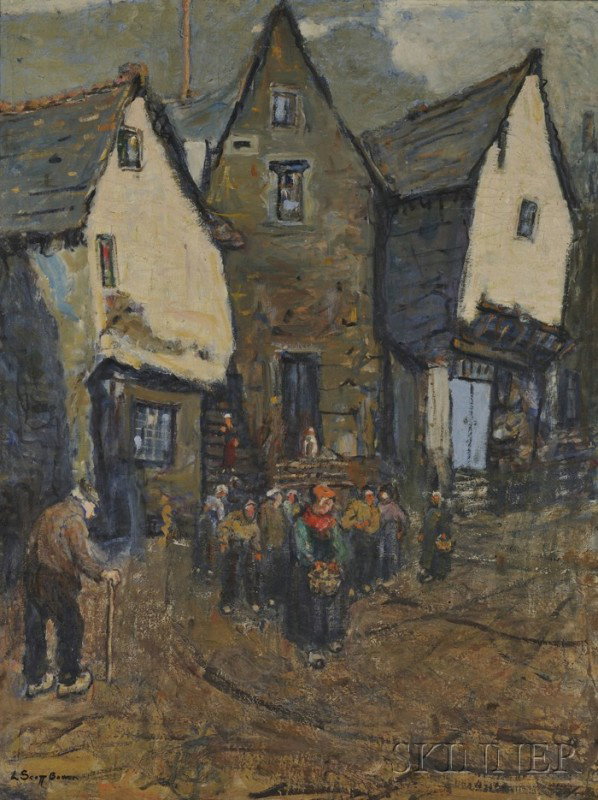 Lucy Scott Bower (American, 1864-1934) Village Sce: Lucy Scott Bower (American, 1864-1934) Village Scene with a Woman in a Red Scarf. Signed "L Scott Bower" l.l. Oil on canvas, 39 1/4 x 30 in., framed. Condition: Craquelure.