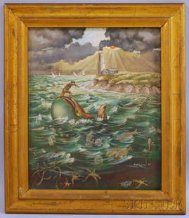 Molly Luce (American, 1896-1986) Mythical Scene wi: Molly Luce (American, 1896-1986) Mythical Scene with Man on Whale and Lighthouse. Signed and dated "Molly Luce 40" l.r. Oil on canvas, 17 x 14 in., framed. Condition: Relined, surface grime,