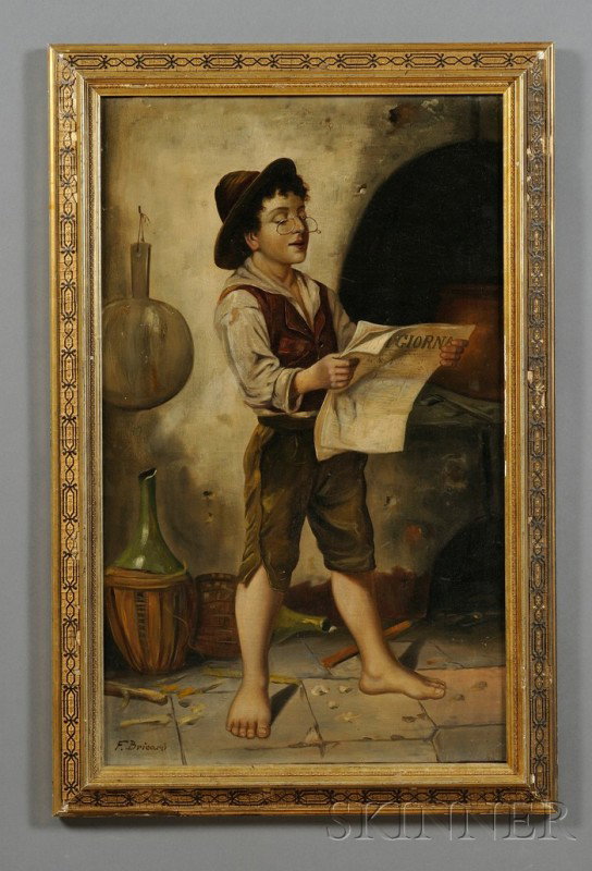 Fran?ois Xavier Bricard (French, 1881-1935) Genre: Fran?ois Xavier Bricard (French, 1881-1935) Genre Scene with Young Lad Reading a Newspaper. Signed "F. Bricard" l.l. Oil on canvas, 32 1/4 x 19 3/4 in., framed. Condition: Craquelure, scattered minor 
