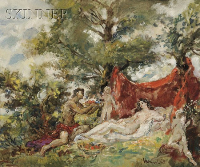 Herman Lipot (Hungarian, 1884-1972), Venus and Cu: Herman Lipot (Hungarian, 1884-1972) Venus and Cupid. Signed "Herman Lipot" l.r., inscribed and dated "Herman Lipot...1958..." in graphite and with a Kivitelre Engedelyezve export stamp on the reverse.