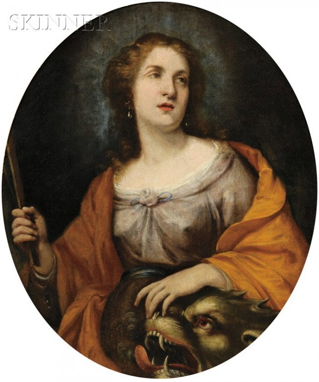 Continental School, 17th Century Style Saint Marga: Continental School, 17th Century Style Saint Margaret. Unsigned. Oil on canvas, 33 x 28 in., framed. Condition: Lined, retouch, minute scattered losses, craquelure, surface grime.
