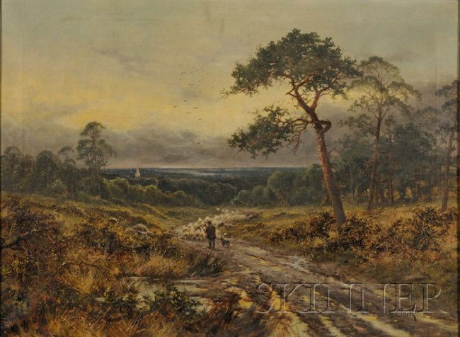British School, 19th/20th Century Sheep and Herde: British School, 19th/20th Century Sheep and Herder in a Rural Landscape. Signed "E. Clark" l.r. Oil on canvas, 30 x 40 in., framed. Condition: Two punctures along lower edge, stretcher bar marks, surf