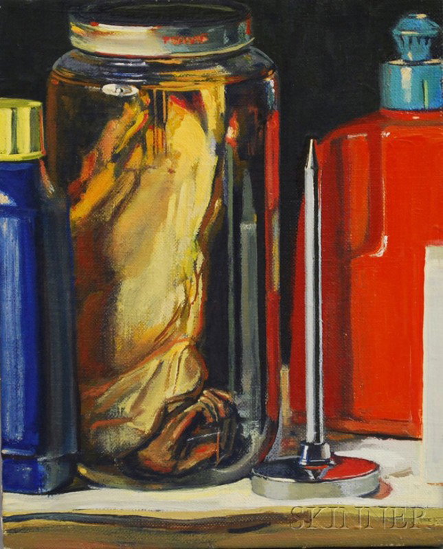 Attributed to Gerald Perino (American, 20th/21st C: Attributed to Gerald Perino (American, 20th/21st Century) Still Life with Jars and Bottles. Unsigned. Oil on canvas, 10 x 8 in., unframed. Condition: Good.