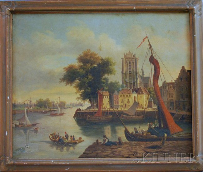 Continental School (Late 19th/Early 20th Century) : Continental School (Late 19th/Early 20th Century) Dutch Harbor Scene. Unsigned. Oil on canvas, 23 1/2 x 29 in., frame with a Foster Brothers, Boston, label on the stretcher. Condition: Craquelure,