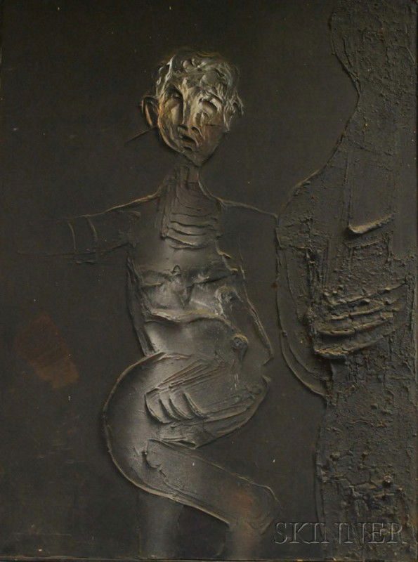 Dario Villalba (Spanish, b. 1939) Figura A. Signed: Dario Villalba (Spanish, b. 1939) Figura A. Signed and dated "DARIO '64" l.r., titled, dated and signed "...64 DARIO" on the reverse. Oil on canvas, 40 x 30 in., framed. Condition: Surface grime.