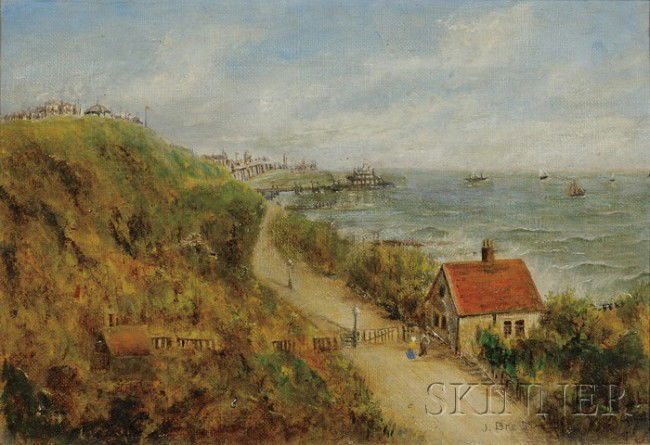 Attributed to John Brett (British, 1830-1902), Ro: Attributed to John Brett (British, 1830-1902) Road by the Sea. Signed or inscribed "J. Brett" l.r., identified "John Brett" on the front of the fra Oil on canvas, 7 x 10 in. (17.8 x 25.5 cm), framed.