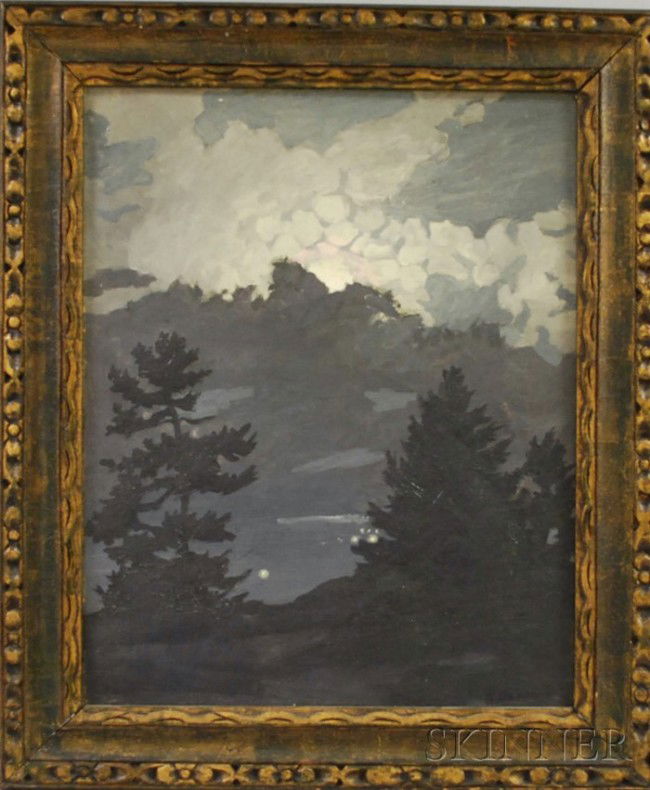 Frederick Rhodes Sisson (American, 1893-1962) Moon: Frederick Rhodes Sisson (American, 1893-1962) Moonlight over the Mountain. Signed "F. Sisson" l.r. Oil on canvas, 20 1/2 x 16 1/4 in., framed. Condition: Surface grime, relined, mild craquelure, can