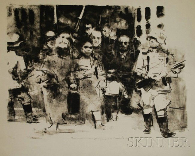Jack Levine (American, b. 1915) Warsaw Ghetto. Sig: Jack Levine (American, b. 1915) Warsaw Ghetto. Signed "J Levine" and numbered "43/120" l.r. Lithograph, sheet size 23 1/4 x 29 3/4 in., unframed. Condition: Good. (Prescott, 54).