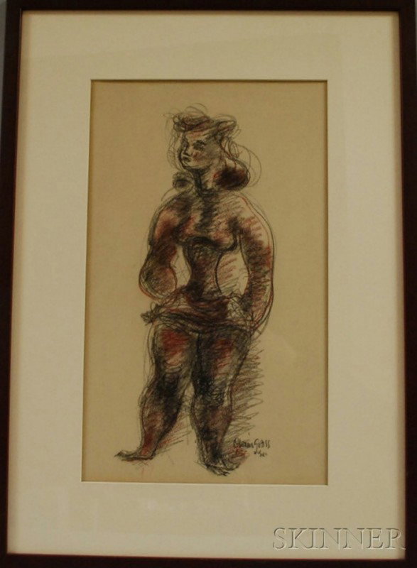 Chaim Gross (American, 1904-1991) Standing Female : Chaim Gross (American, 1904-1991) Standing Female Nude. Signed and inscribed "Chaim Gross" l.r. Charcoal and conte crayon on paper, sight size 17 1/4 x 10 1/4 in., framed. Condition: Not examined out 